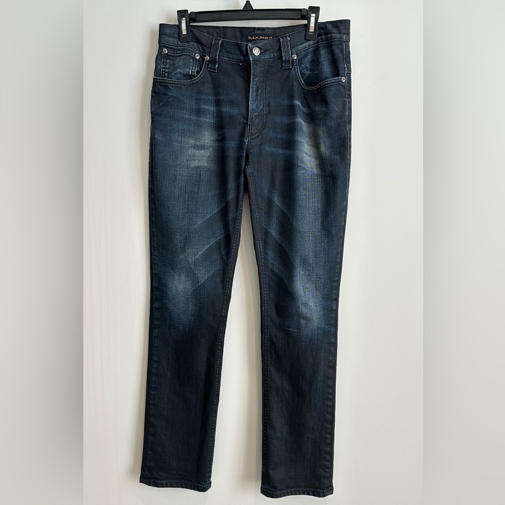 Nudie Men's Thin Finn Nighster Slim Fit Jeans, Dark Blue Wash, Size: 34